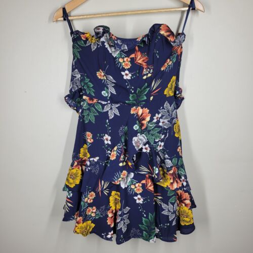 Showpo Navy Blue Floral Strapless Mini Dress Tie Back Ruffle 2 - 第 1/10 張圖片