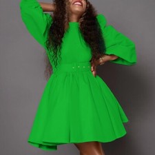 Women's Fall Crew Neck Dress Smocked Casual Flowy Wedding Party Mini Dresses
