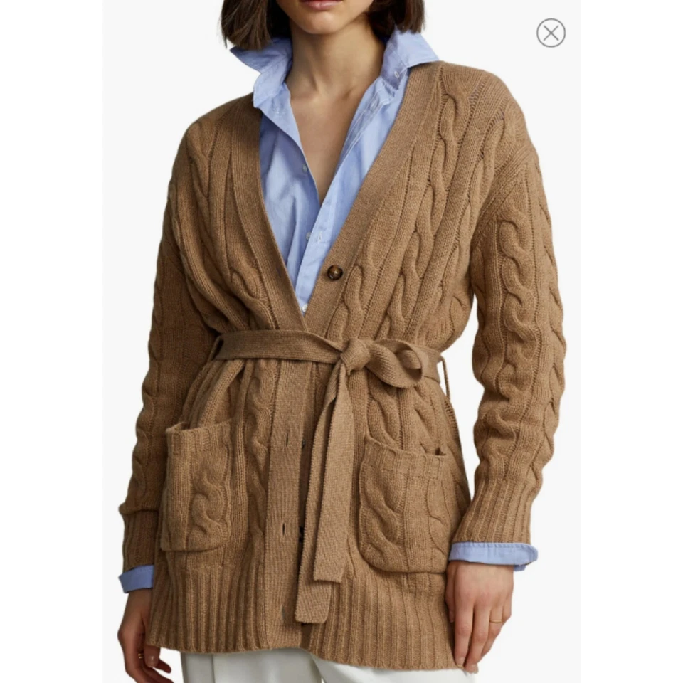 Polo Ralph Lauren Camel коричневый шерсти и кашемира галстук вязаный кардиган XS  - Изображение 4 из 4
