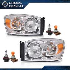 Pair Amber Headlight Chrome Bezel Fit For 06-09 Dodge Ram 1500 2500 3500