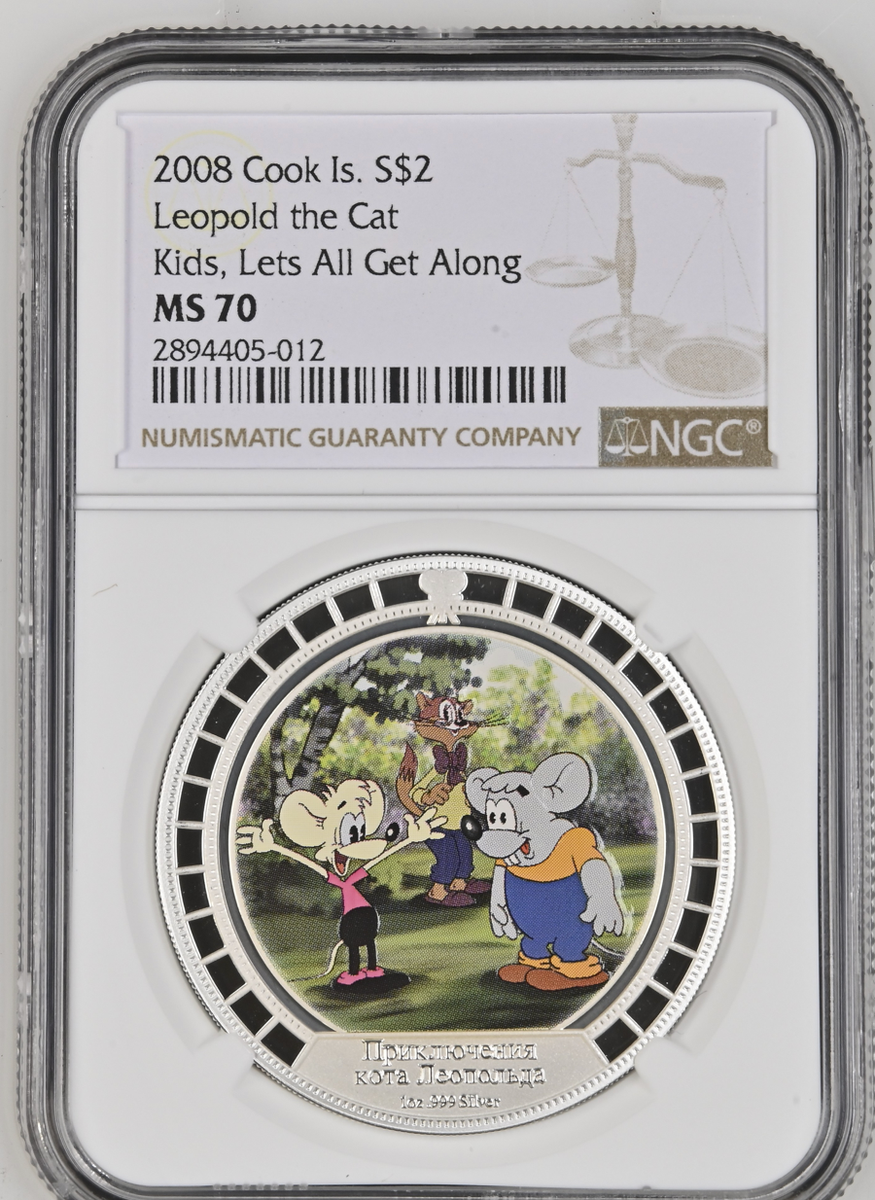 2 DOLLARS 2008 COOK ISLANDS LEOPOLD THE CAT KIDS SILVER PROOF NGC
