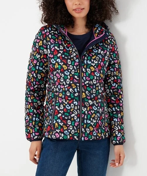 Joules Navy Blue Bee Leopard Snug Hooded Packable Puffer Coat Women s 10 NWT