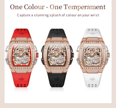 OUPINKE Women's Skeleton Mechanical Watch Diamond Rose Gold Silicone Strap 50M
