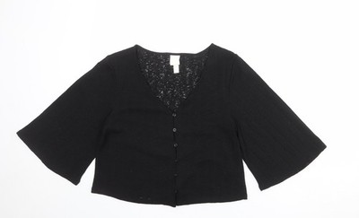 H&M Damen schwarz Polyester Basic Knopfleiste Größe S V-Ausschnitt - weite Ärmel