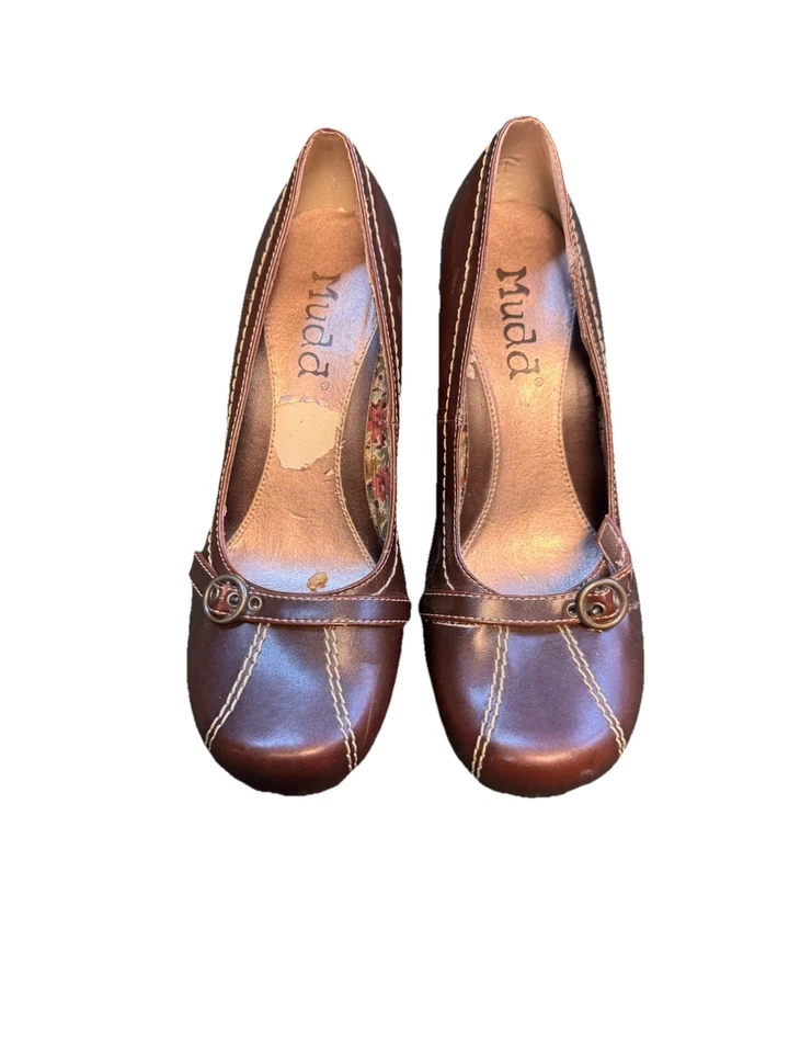 Tacones vintage marrón barro con hebilla coqueta años 50 tacón de madera look baile talla 8 Foto 3 de 4