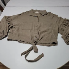 Peach Love Blouse Women Large Button Front Shirt Brown Slub Cotton Balloon Sleev