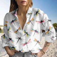 Image of Colorful Watercolor Dragonfly Print Button Up Blouse Nature Lover Mom Gift