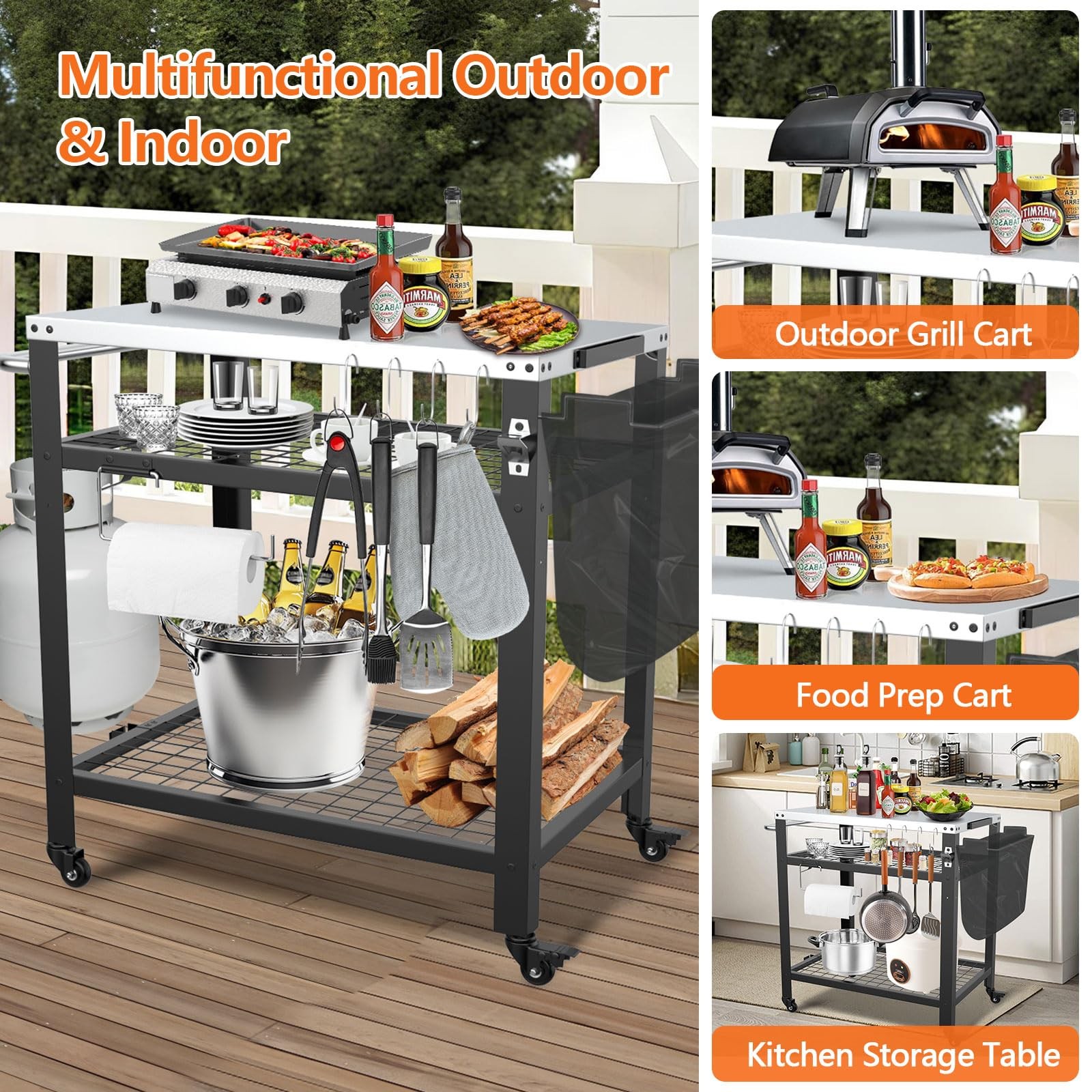 Stainless Steel Pizza Oven Table for Ooni, 650lbs Outdoor Grill Cart with Whe...