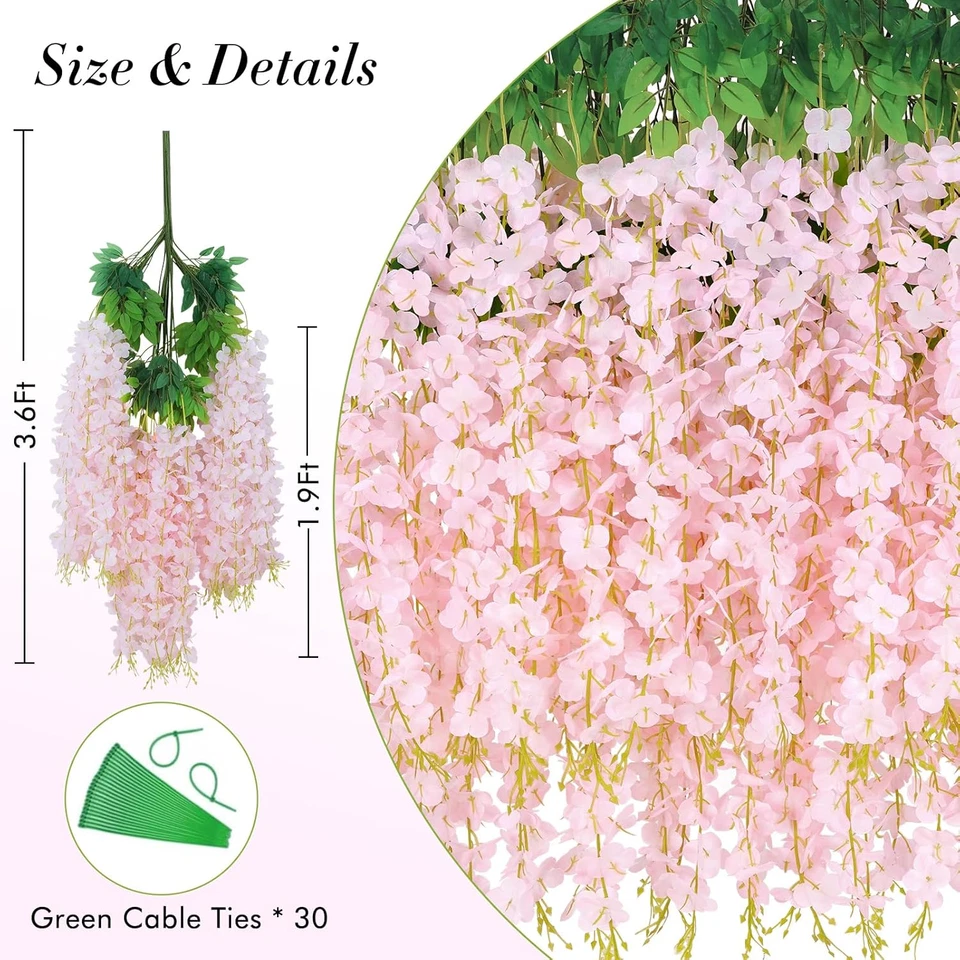 60 Pack Light Pink Wisteria Hanging Flowers, Fake Flowers for Decoration, Artifi — 第 4/4 张图片