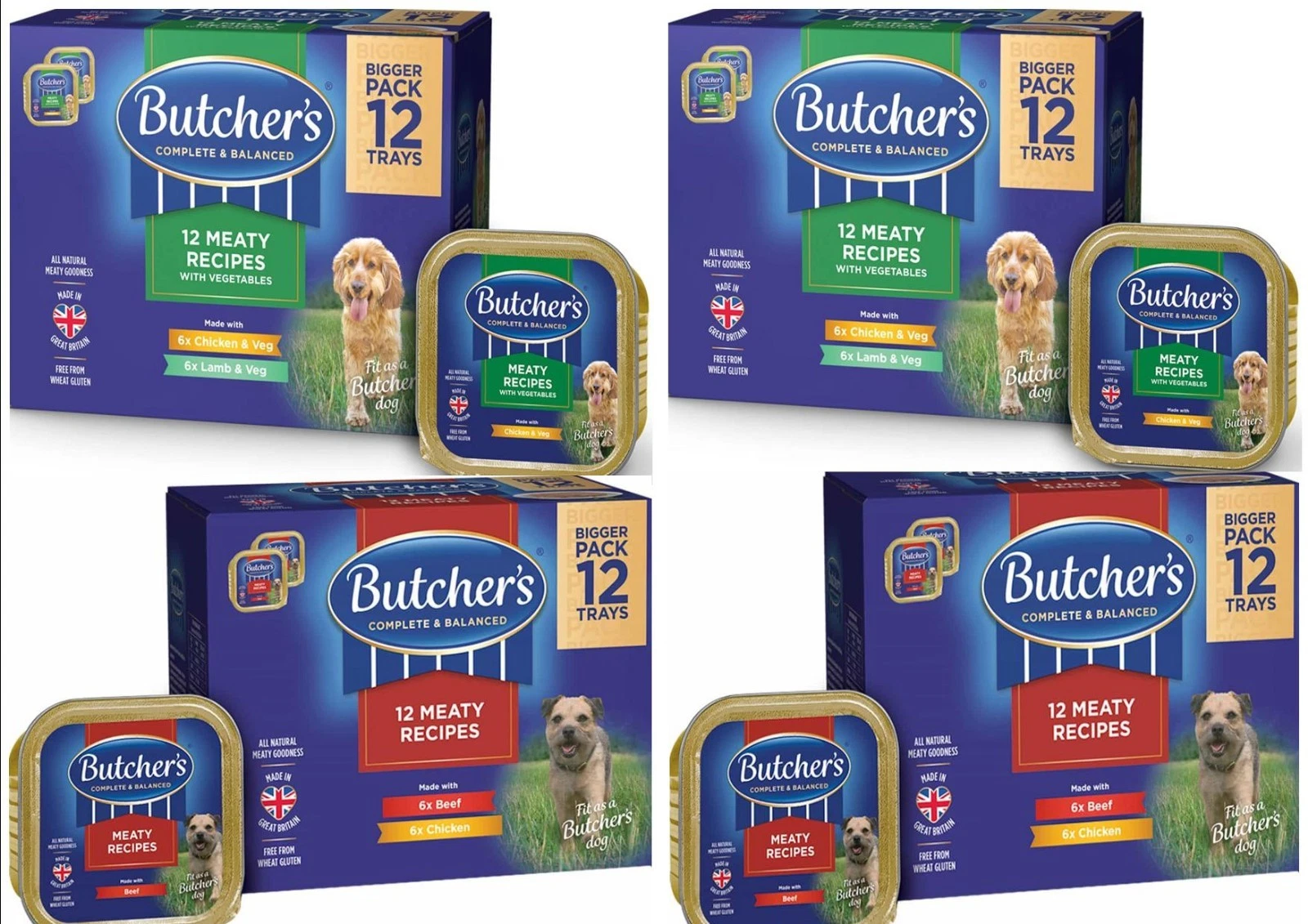 48 Trays Butcher Meaty Wet Dog Food Cans, Chiken Lamb Beef 4 Packs of 12 trays
