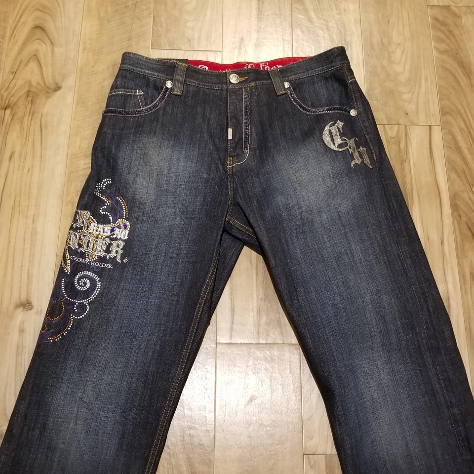 Vtg Crown Holder Jeans Mens 38 Button Fly Denim Embellished Hip Hop Y2K 39x32 - Image 2 of 4