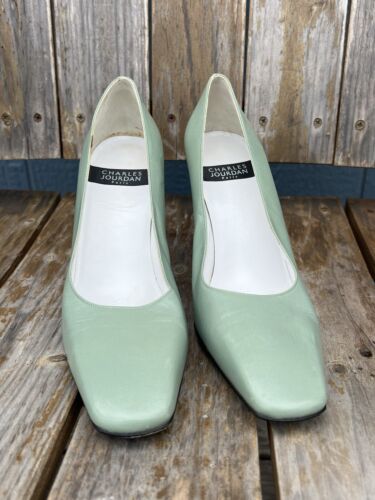 Scarpe decolte Charles Jourdan Seafoam verdi tacco grosso blocco tacco alto taglia 9 rare - Foto 2 di 9