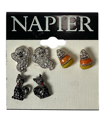 Napier Trick or Treat Candy Corn Ghost Black Cat Halloween Crystal Earrings Set