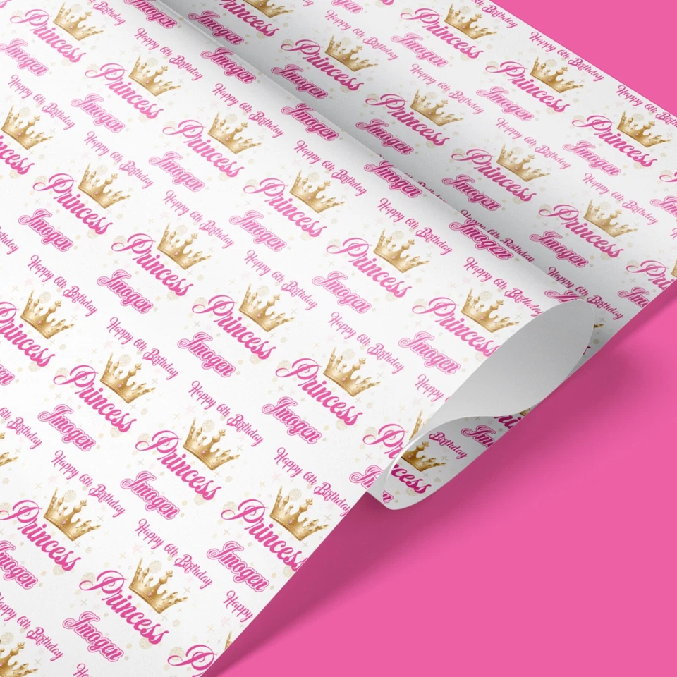 Princess Personalised Wrapping Paper – Gold Crown Custom Name Gift Wrap for Girl - Image 3 of 4