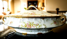 Antique Theodore Haviland Limoges Covered Oval Vegetable Bowl Pink Roses Gold