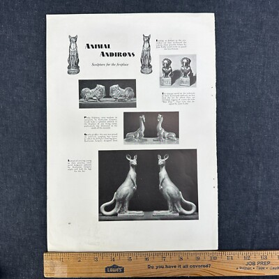 RARE Fireplace Mantle Animal Sculpture Print Ad Cat Pekinese Hot Dog Giraffe 20s