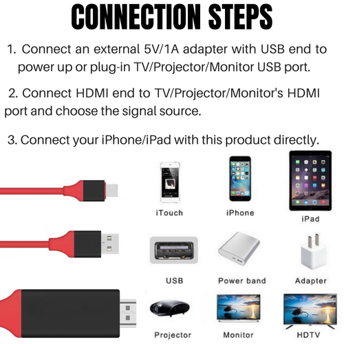 1080P HDMI Mirroring Cable Phone To TV HDTV AV Adapter For iPhone 11 X 8 iPad - Picture 4 of 11