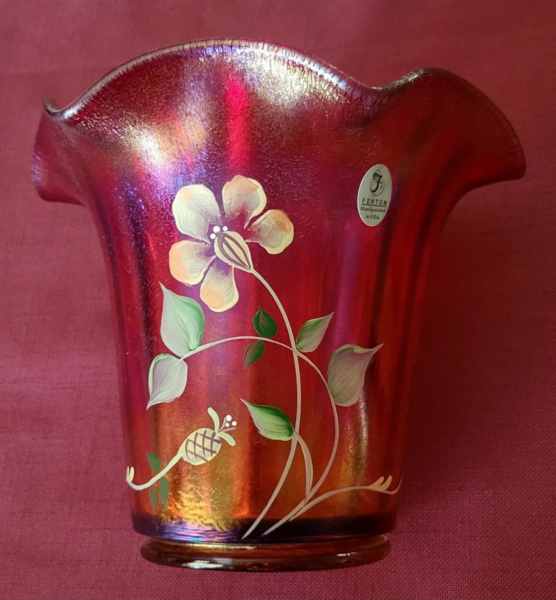 米国フェントン社ロゴのウランガラス Fenton 100th Anniversary Founders Red Iridescent Glass Vase