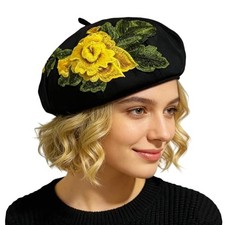 Women 3D Flower Embroidery Beret Hat French Style Floral Beret Cap for Yellow