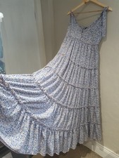 BEAUTIFUL BOOHOO LONG MAXI DRESS BLUE TIE STRAPS TIERED DITSY SIZE 10
