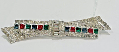 ANTIQUE ART DECO RHODIUM PLATED MULTI COLORED RHINESTONE BOW BROOCH 