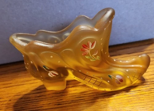 Fenton Yellow Signed Glass Shoe Slipper Satin Floral Hand Painted with Sticker