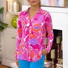 Susan Graver Passport Floral Printed Liquid Knit Button Down Women's Shirt Large