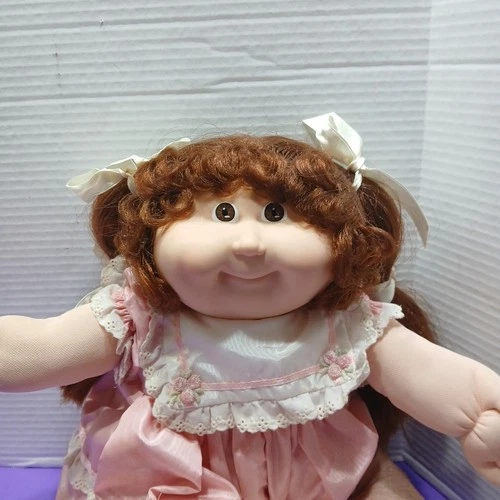 Cabbage Patch Kids Doll Brown Hair Pink Dress Coleco 15 HM Teal Signature