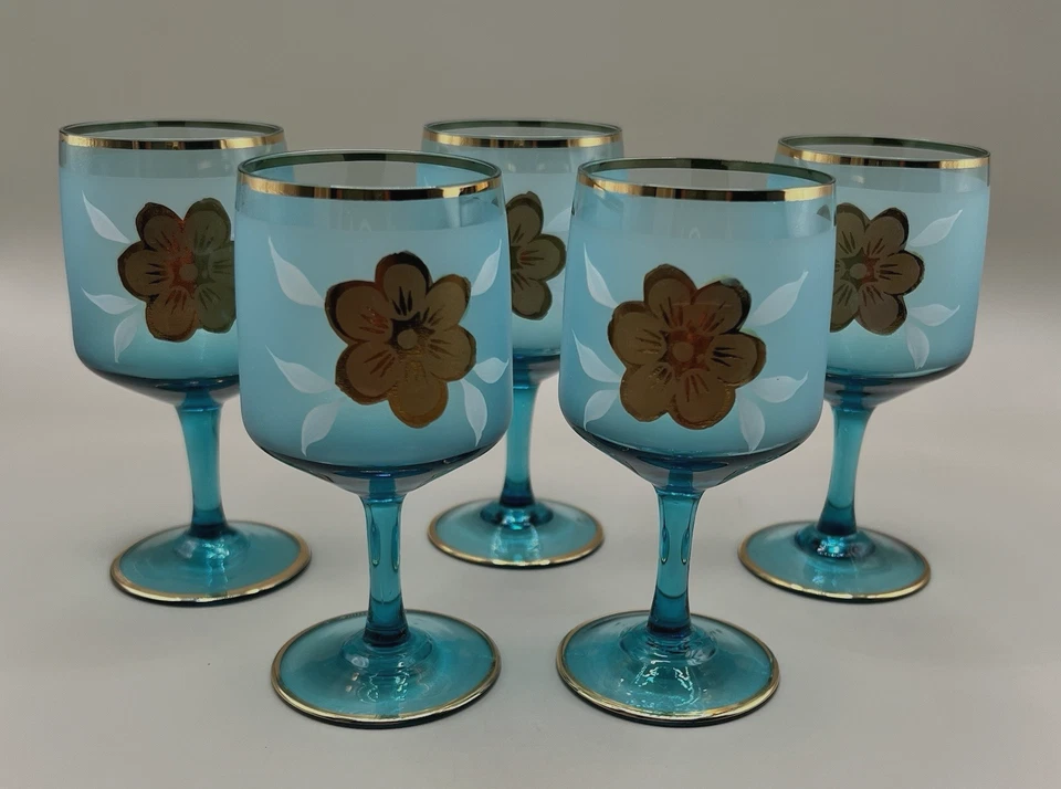 Vintage RARO Opaco Fosco Azul Claro Flor Conjunto de 5 Copos de Vinho MCM 4,5" - Imagem 2 de 4