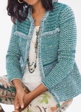 Chico s Blazer Women s Sz 2 Structured Teal Tweed Fringe Open Front Cardigan.