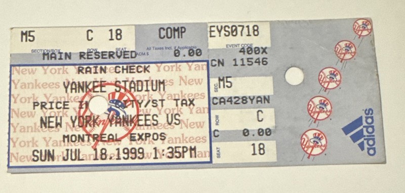 7/18/1999 Yankees v Expos Ticket stub David Cone Perfect Game