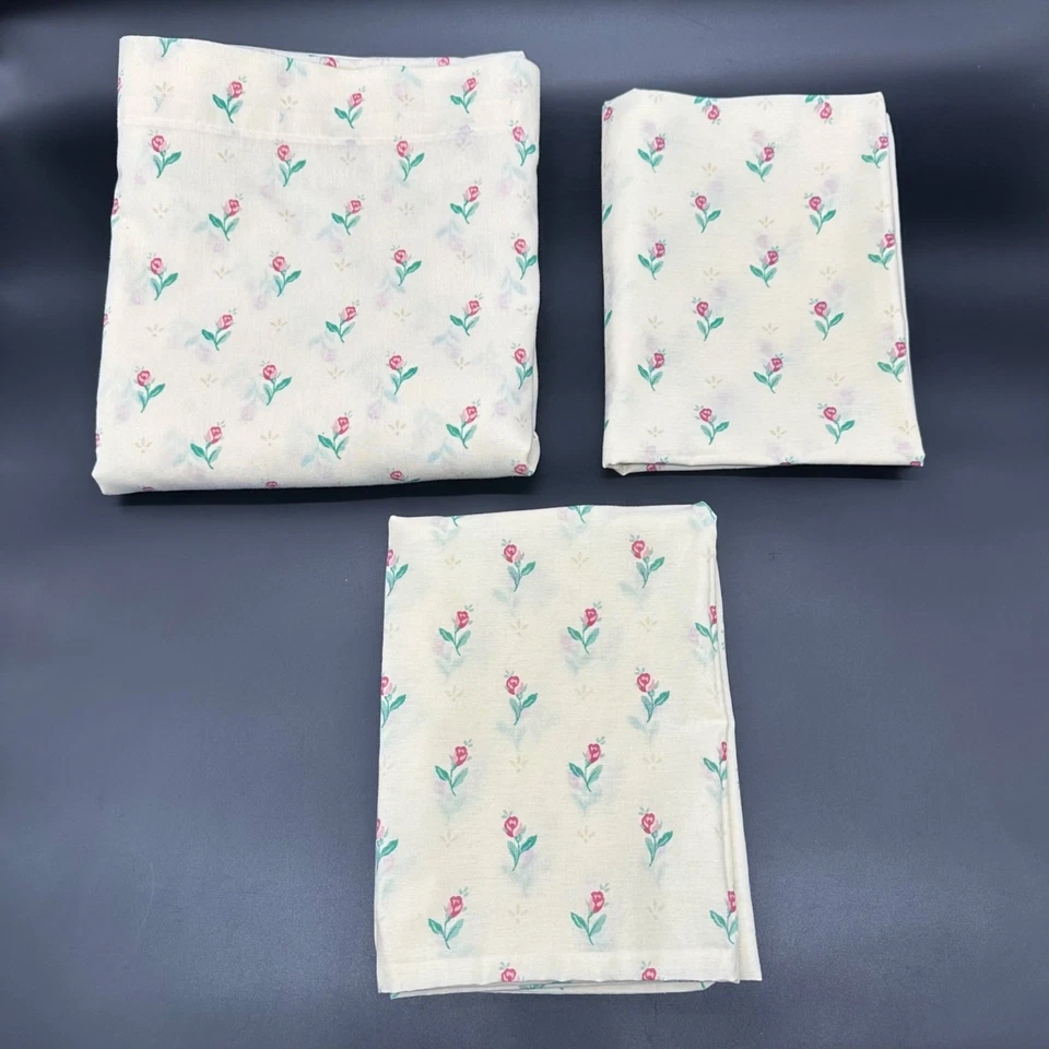 Sábana plana completa vintage dos fundas de almohada dama Pepperell EE. UU. floral años 80 casa de campo Foto 2 de 4