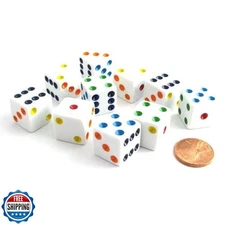 Set of 10 Six Sided D6 16mm Standard Dice White with Multi-Color Pips