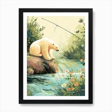 Polar Bear Fishing In A Stream Stor Framed Wall Art Poster Canvas Print Picture