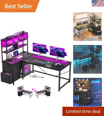 55''Gaming Desk L Shaped Desk with 3 Fabric Drawers & Shelf, Reversible Compu...