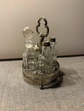 Vintage Silver Plated 5 Piece Cruet Set 4 Cut Glass Bottles, No Chips or Cracks