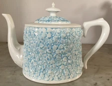Grace's Teaware Teapot - White w/3D Blue Floral Pattern Porcelain - EUC