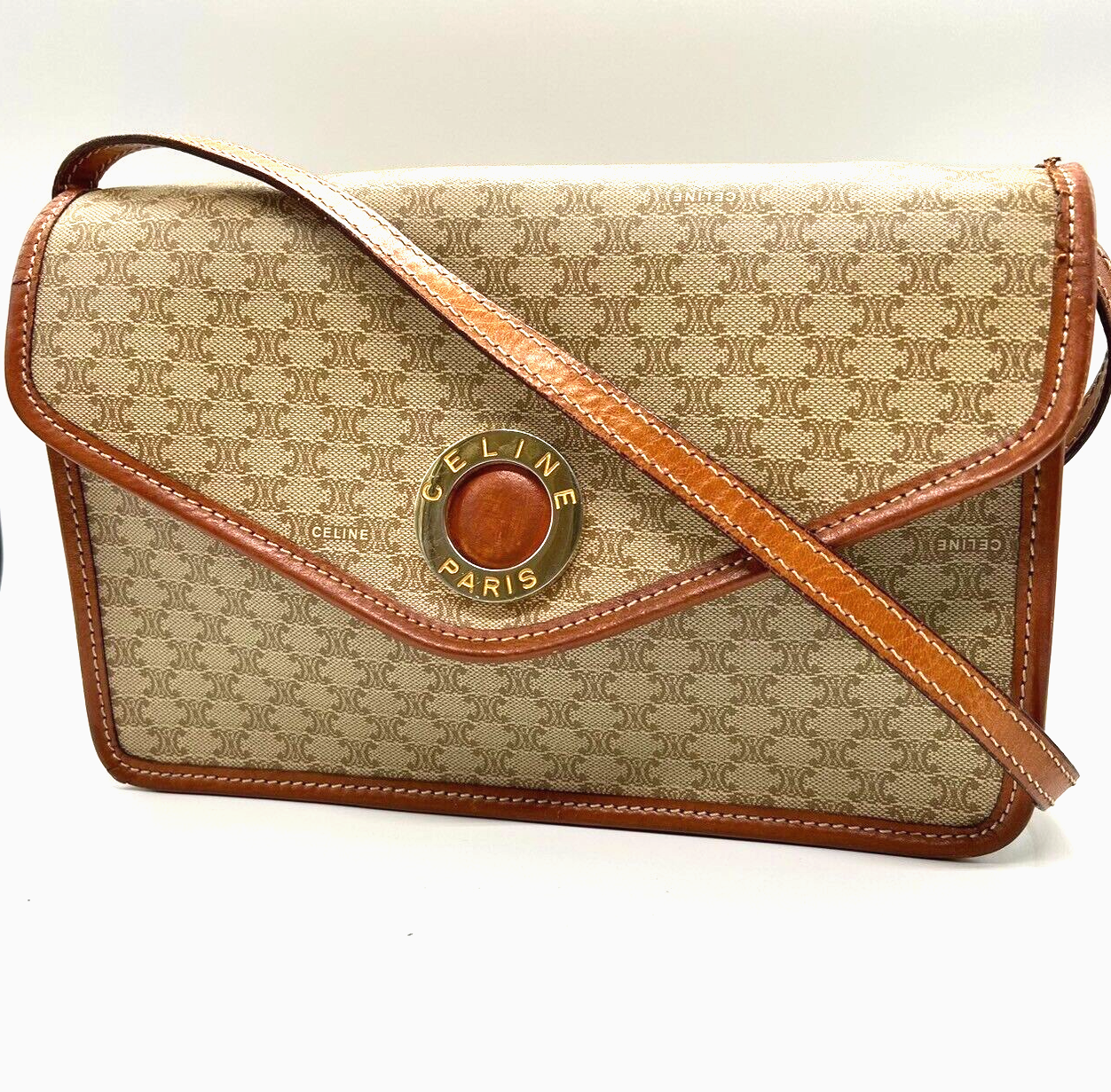 Celine 2-Way Shoulder Clutch in Macadam Leather PVC Beige with Circle Logo Auth 0075