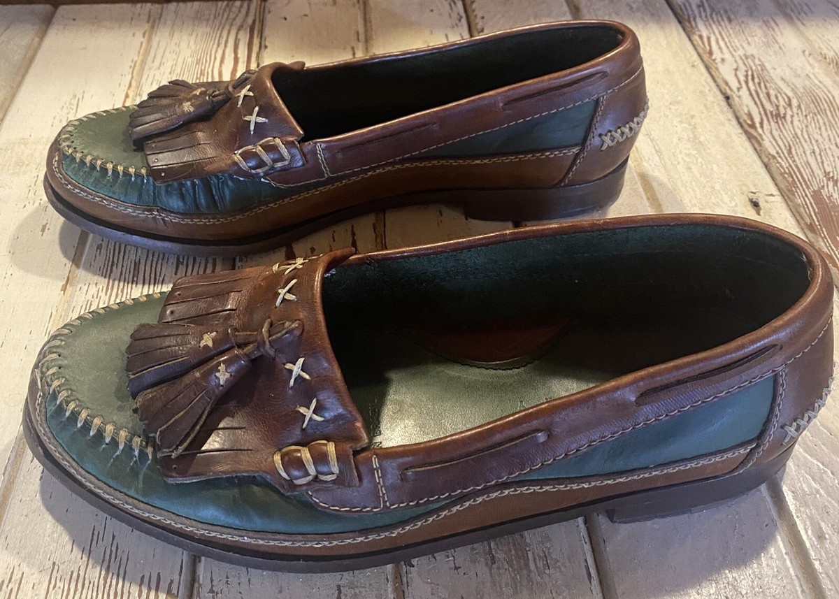 VTG Cole Haan Mens Made in USA Brown Leather Tassel Kiltie Loafers Green Trim 10 Cole Haan Vintage Tassel Kiltie Loafer - Etsy main image 4