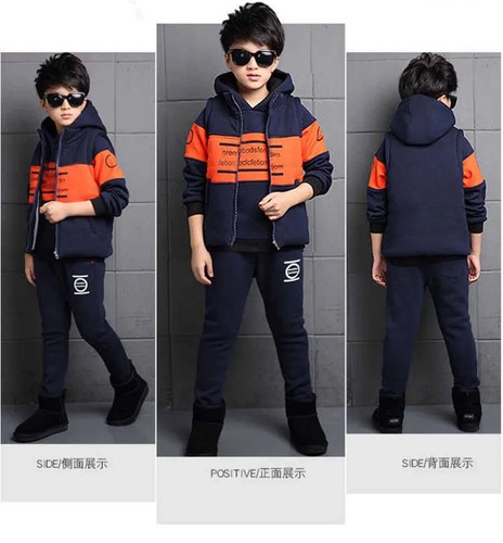 3pcs/set Sports Suit Boys Cotton Hooded Vest T-shirts Pants Teens Warm Clothing - Picture 16 of 25
