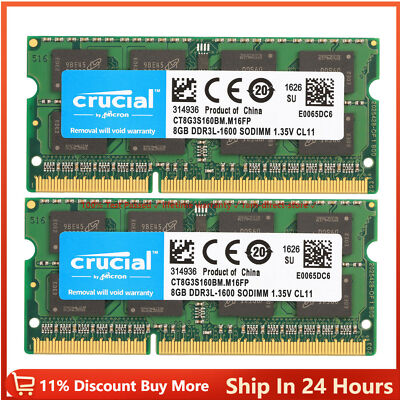 Crucial  DDR3 16GB 1600 2x 8GB PC3-12800 Laptop SODIMM Memory RAM PC3L 16G DDR3L