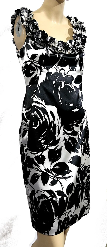 White House Black Market Ruffle Strap Abstract Satin Wiggle Cocktail Dress sz 6 - Image 2 of 4