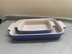 Le Creuset Blue Casserole Stoneware Pair marked 10 12 and 10 21 baking no lids — photo 1