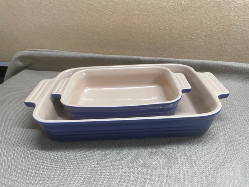 Le Creuset Blue Casserole Stoneware Pair marked 10 12 and 10 21 baking no lids