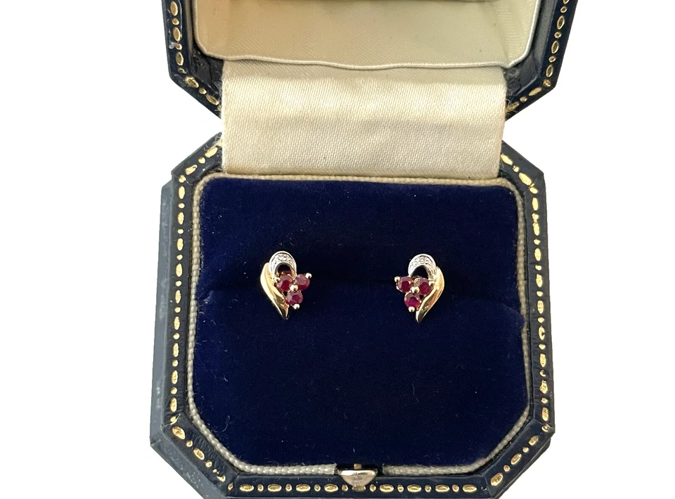 Ruby & Diamond Earrings 9ct Gold Stud Ruby Earrings Half Heart Flower Shaped - Image 4 of 4