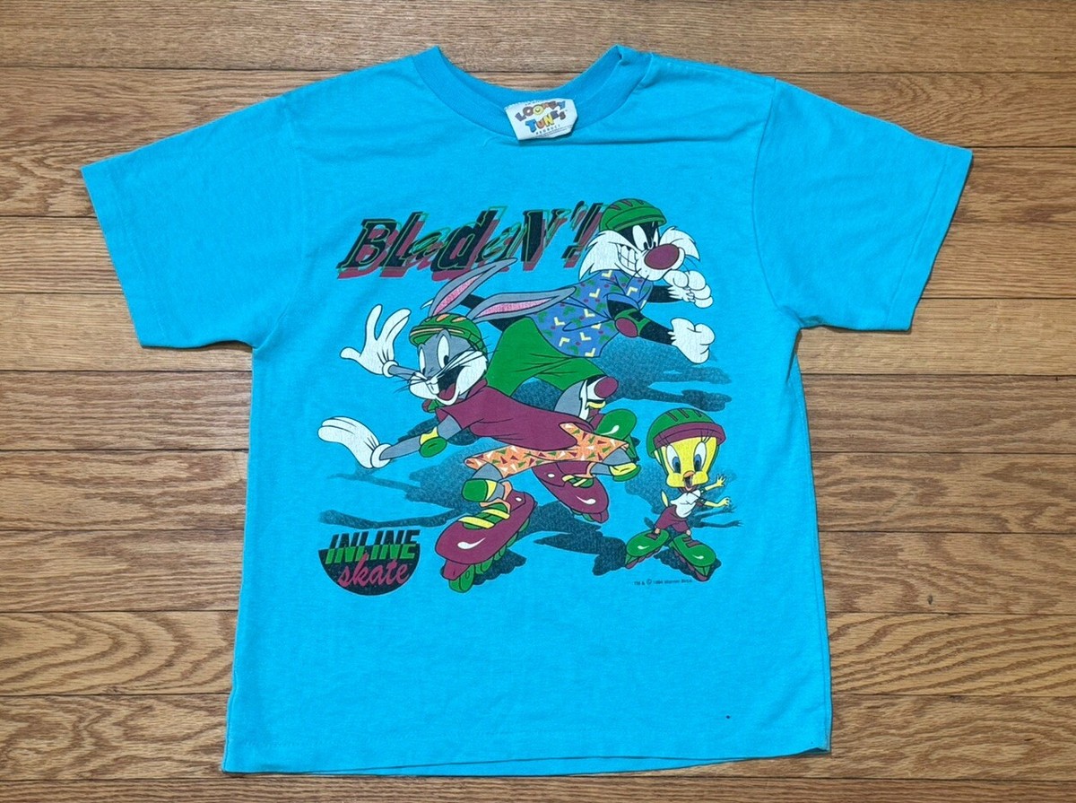 Vtg 1994 Looney Tunes Warner Bros Roller Bladin' AOP Youth T-shirt