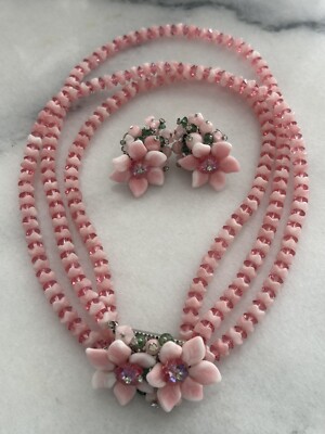 Vintage Pink Vendome Floral Crystal Necklace Matching Clip Earrings Set
