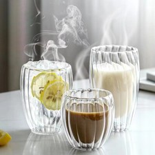 350ml Heat Resistant Stripe Double Wall Glass Mug Tea Milk Juice Coffee Cup