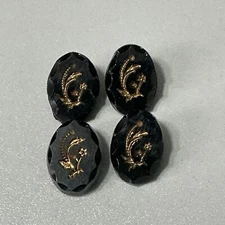 (4) Antique Black Glass Buttons Oval Gold Foil Embedded Tunnel Shank 3/4" B80