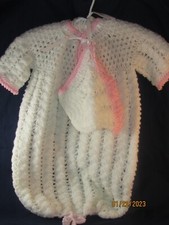 Handmade Crocheted Infant/Newborn Christening Gown Set w/ Pink Trim from 1990's